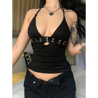 Halter Top Womens Backless Y2K Crop Top Black Lace Up Buckle Going Out Top