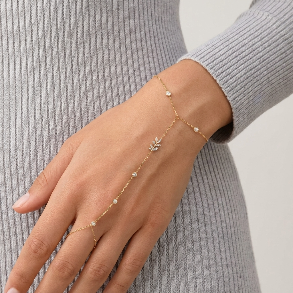 Hand Chain Bracelet Women Crystal Leaf Cubic Zirconia Boho