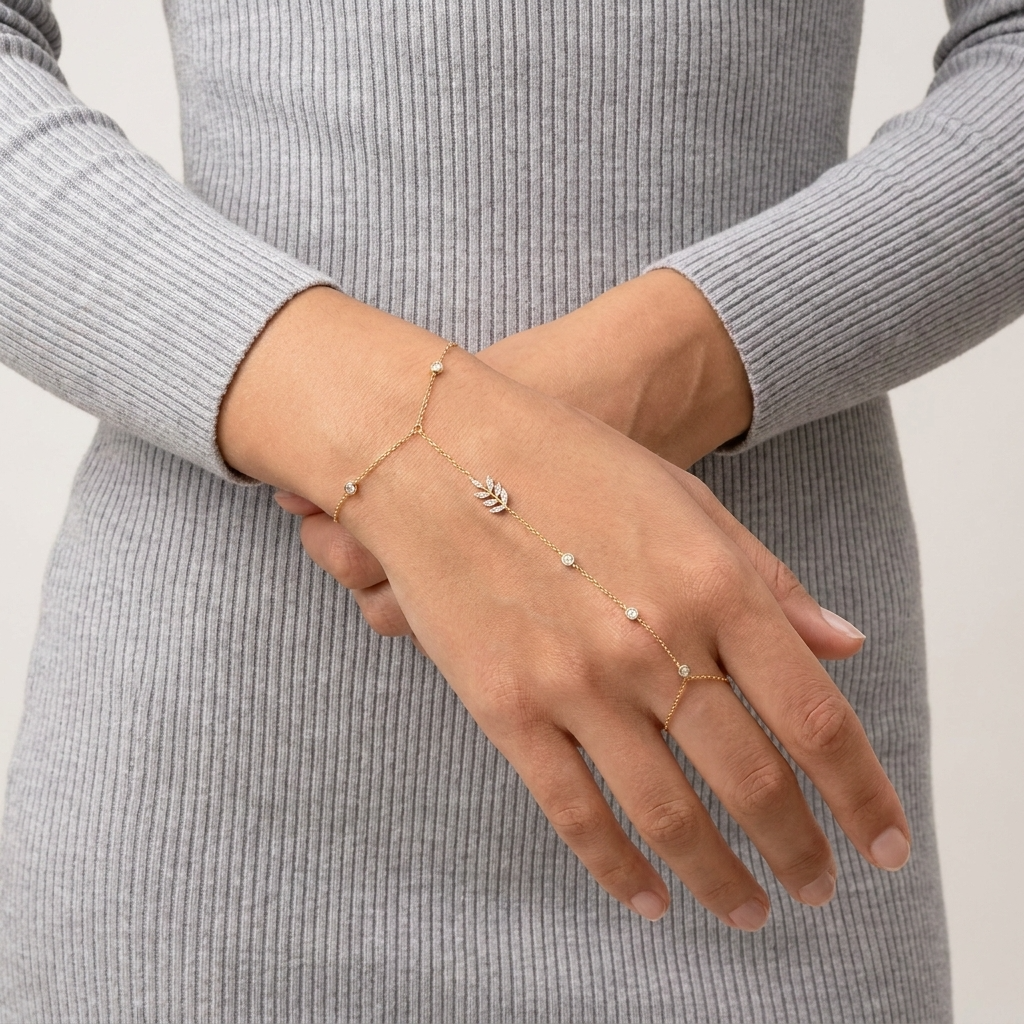 Hand Chain Bracelet Women Crystal Leaf Cubic Zirconia Boho