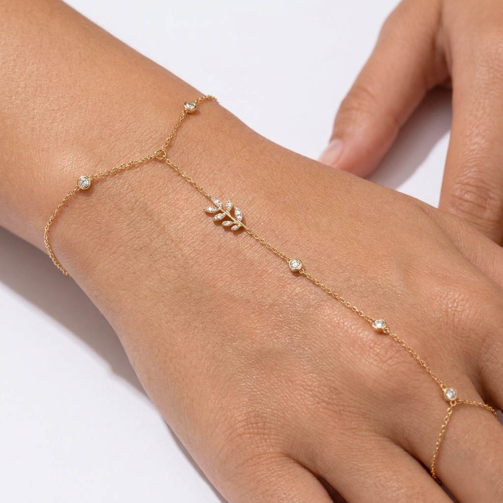 Hand Chain Bracelet Women Crystal Leaf Cubic Zirconia Boho