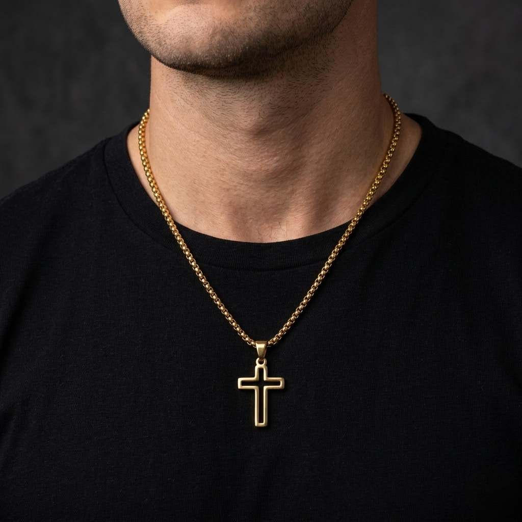 Hollow Cross Necklace with Box Chain | Waterproof Stainless Steel Cross Pendant