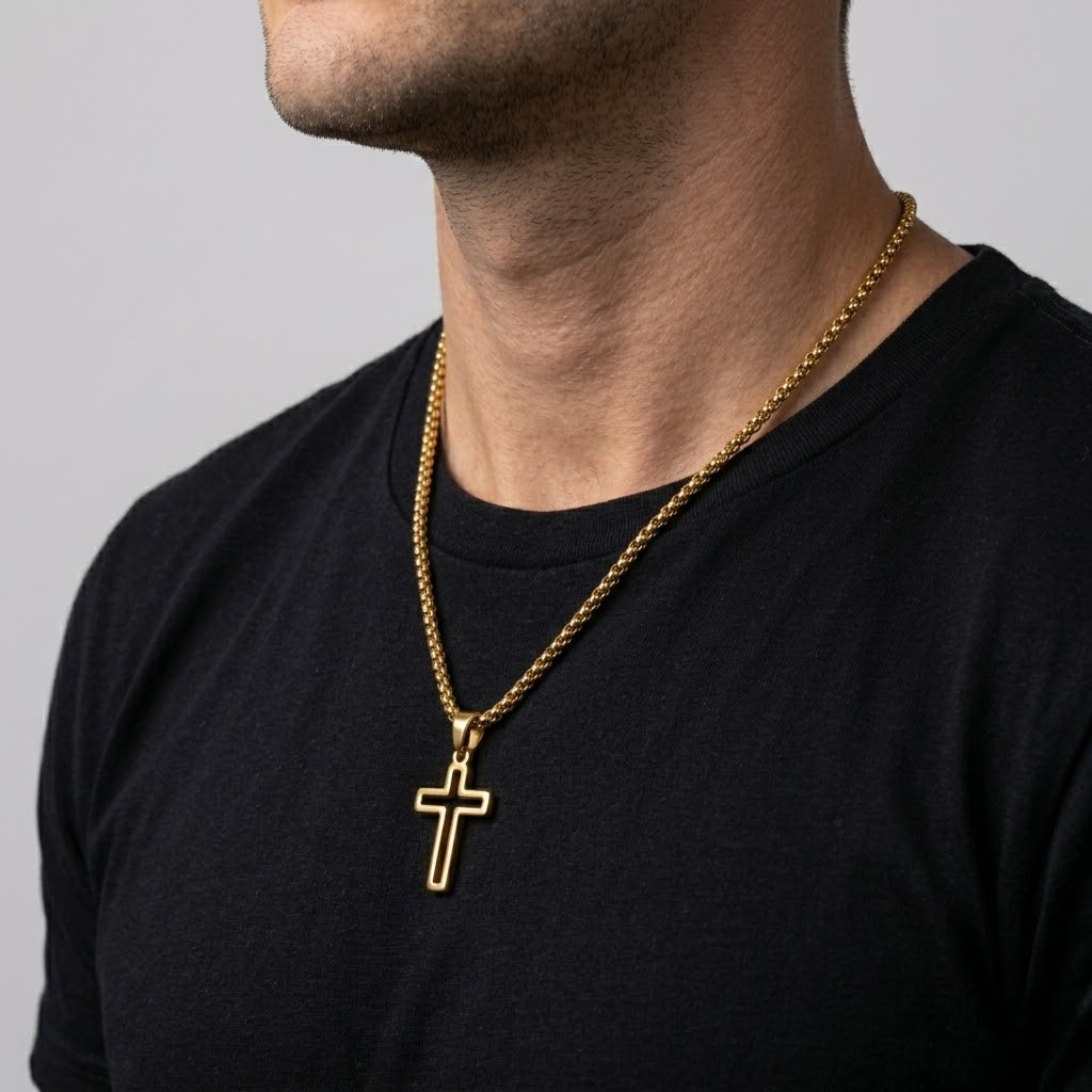 Hollow Cross Necklace with Box Chain | Waterproof Stainless Steel Cross Pendant