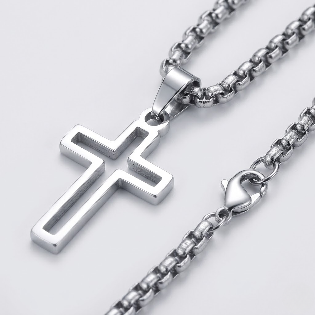 Hollow Cross Necklace with Box Chain | Waterproof Stainless Steel Cross Pendant