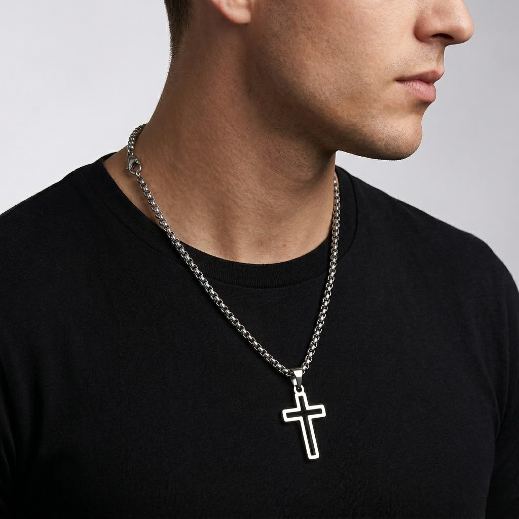 Hollow Cross Necklace with Box Chain | Waterproof Stainless Steel Cross Pendant