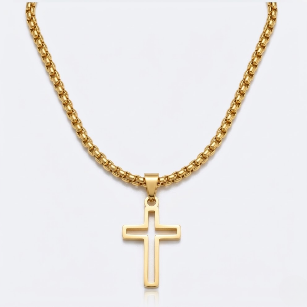 Hollow Cross Necklace with Box Chain | Waterproof Stainless Steel Cross Pendant
