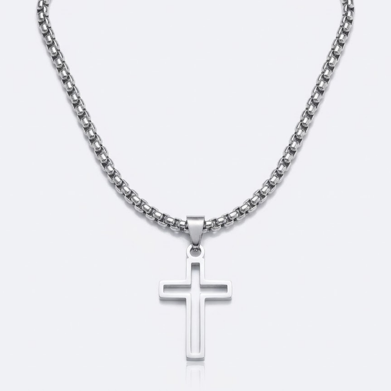 Hollow Cross Necklace with Box Chain | Waterproof Stainless Steel Cross Pendant