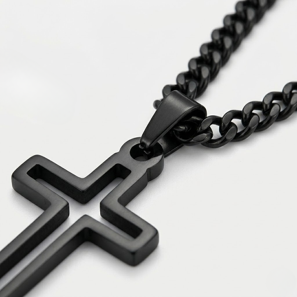 Hollow Cross Necklace with Cuban Chain | Waterproof Stainless Steel Cross Pendant