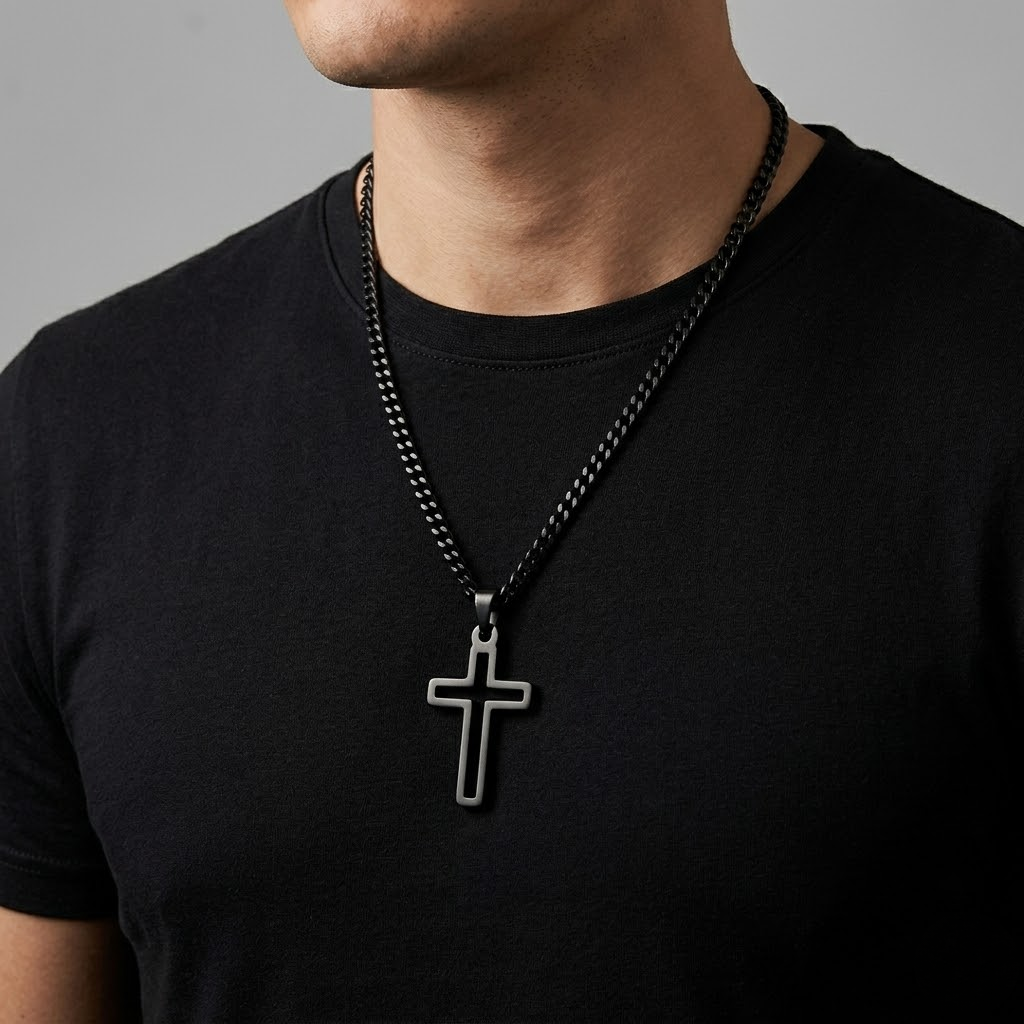 Hollow Cross Necklace with Cuban Chain | Waterproof Stainless Steel Cross Pendant
