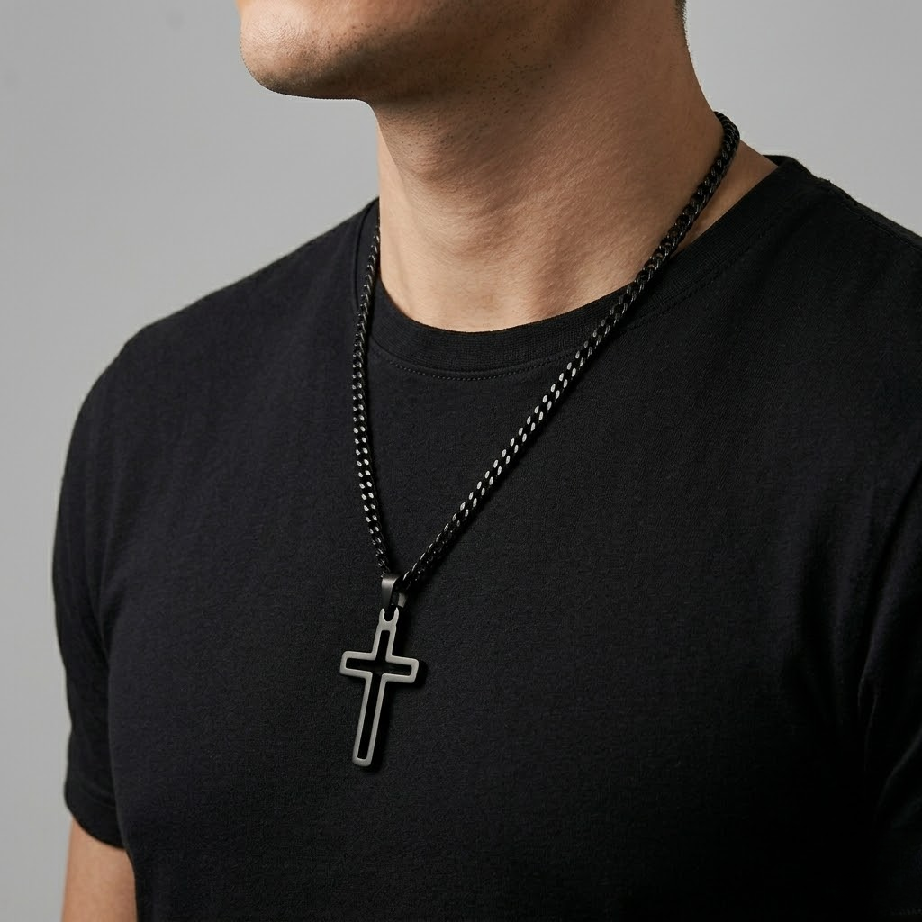 Hollow Cross Necklace with Cuban Chain | Waterproof Stainless Steel Cross Pendant