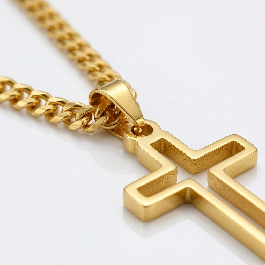 Hollow Cross Necklace with Cuban Chain | Waterproof Stainless Steel Cross Pendant