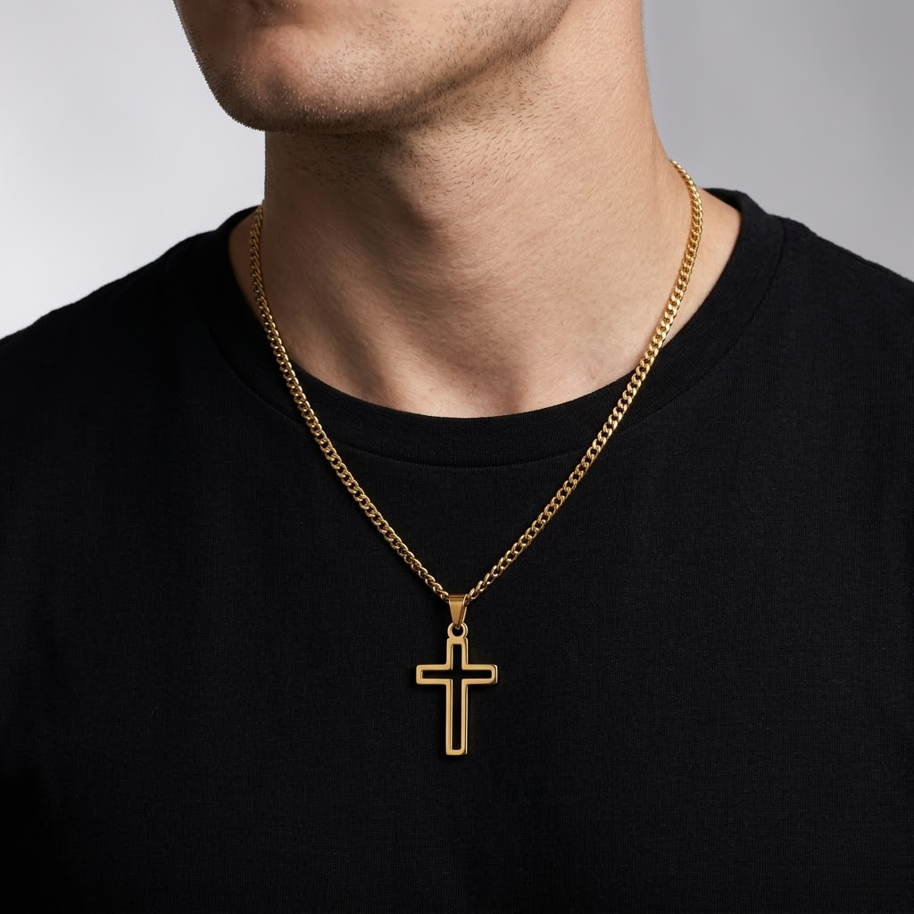 Hollow Cross Necklace with Cuban Chain | Waterproof Stainless Steel Cross Pendant