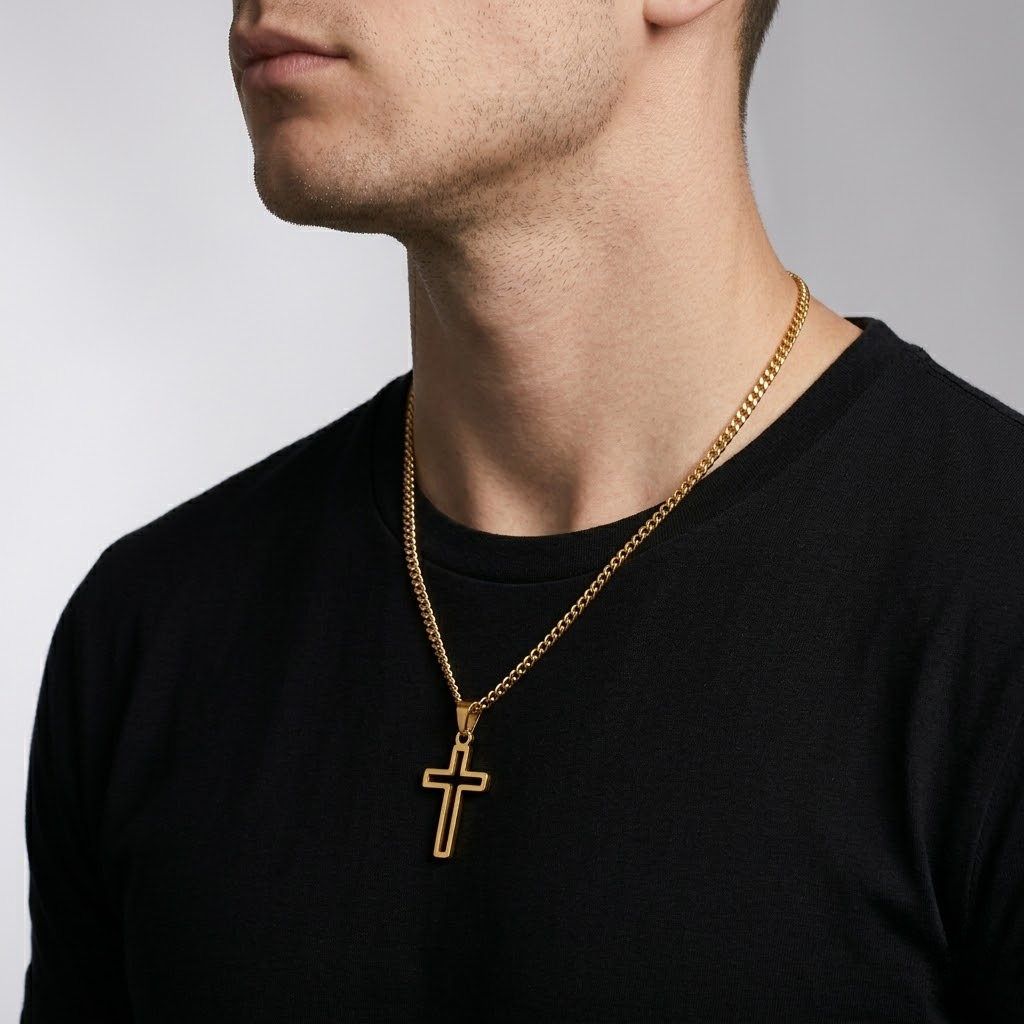 Hollow Cross Necklace with Cuban Chain | Waterproof Stainless Steel Cross Pendant
