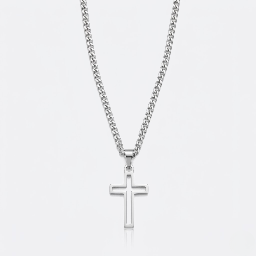 Hollow Cross Necklace with Cuban Chain | Waterproof Stainless Steel Cross Pendant