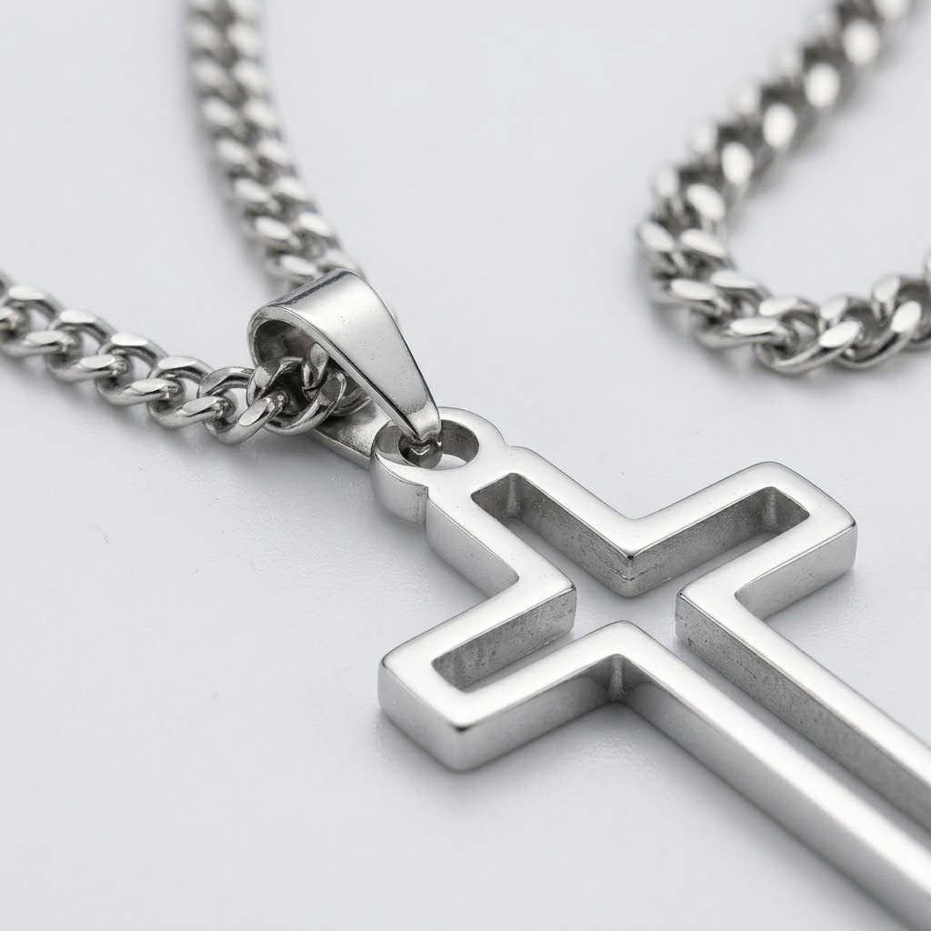 Hollow Cross Necklace with Cuban Chain | Waterproof Stainless Steel Cross Pendant