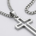 Hollow Cross Necklace with Cuban Chain | Waterproof Stainless Steel Cross Pendant