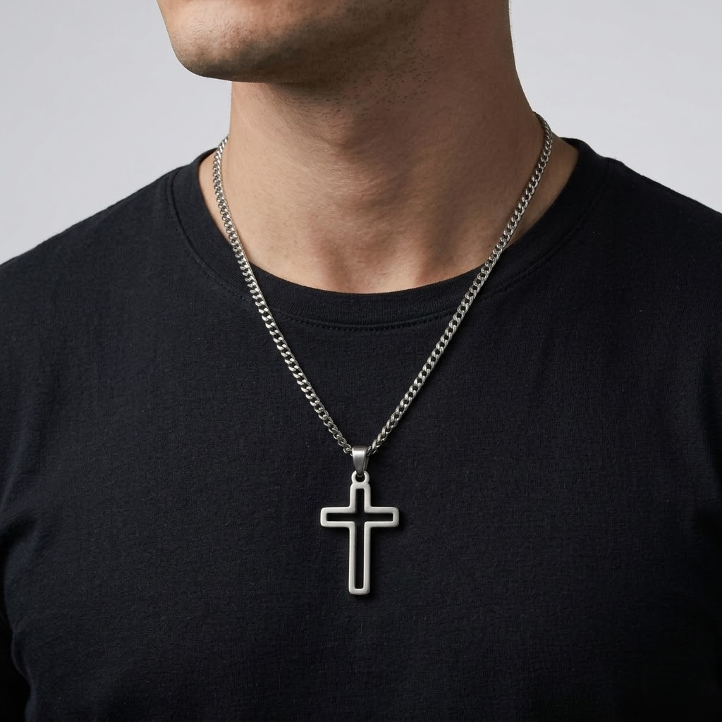 Hollow Cross Necklace with Cuban Chain | Waterproof Stainless Steel Cross Pendant