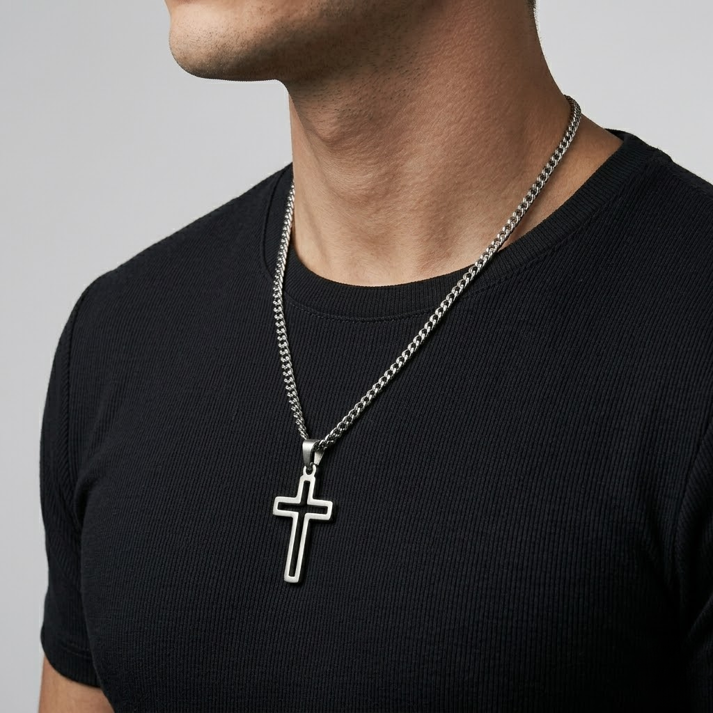 Hollow Cross Necklace with Cuban Chain | Waterproof Stainless Steel Cross Pendant