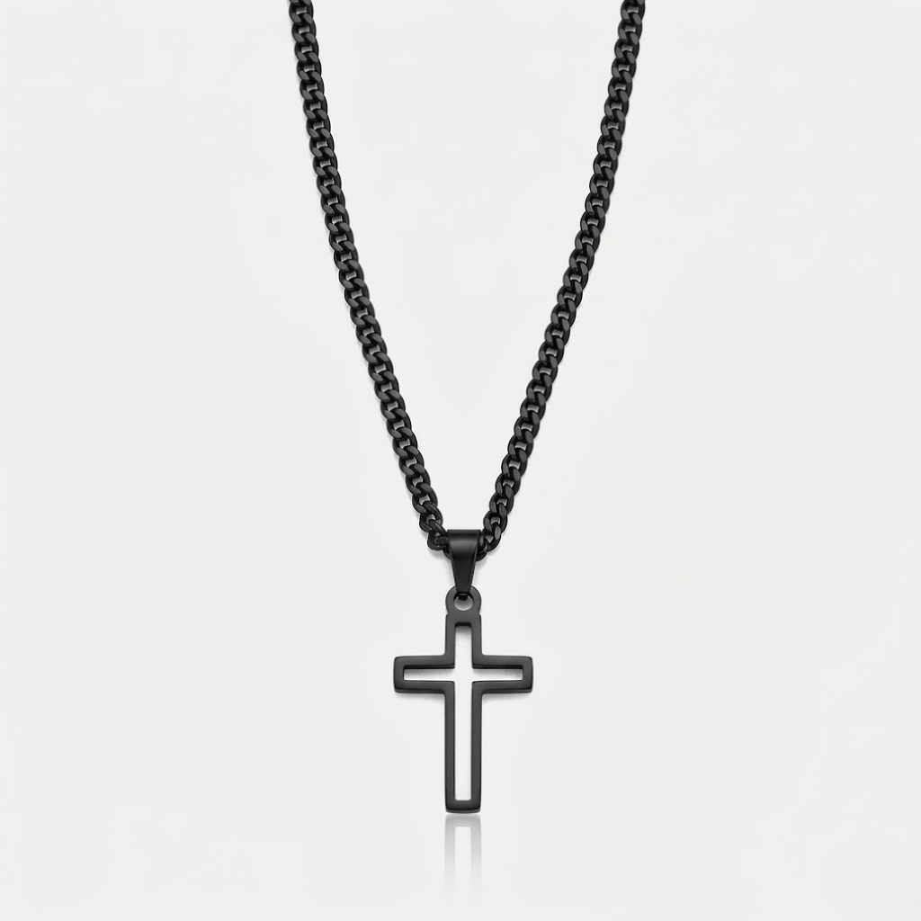 Hollow Cross Necklace with Cuban Chain | Waterproof Stainless Steel Cross Pendant