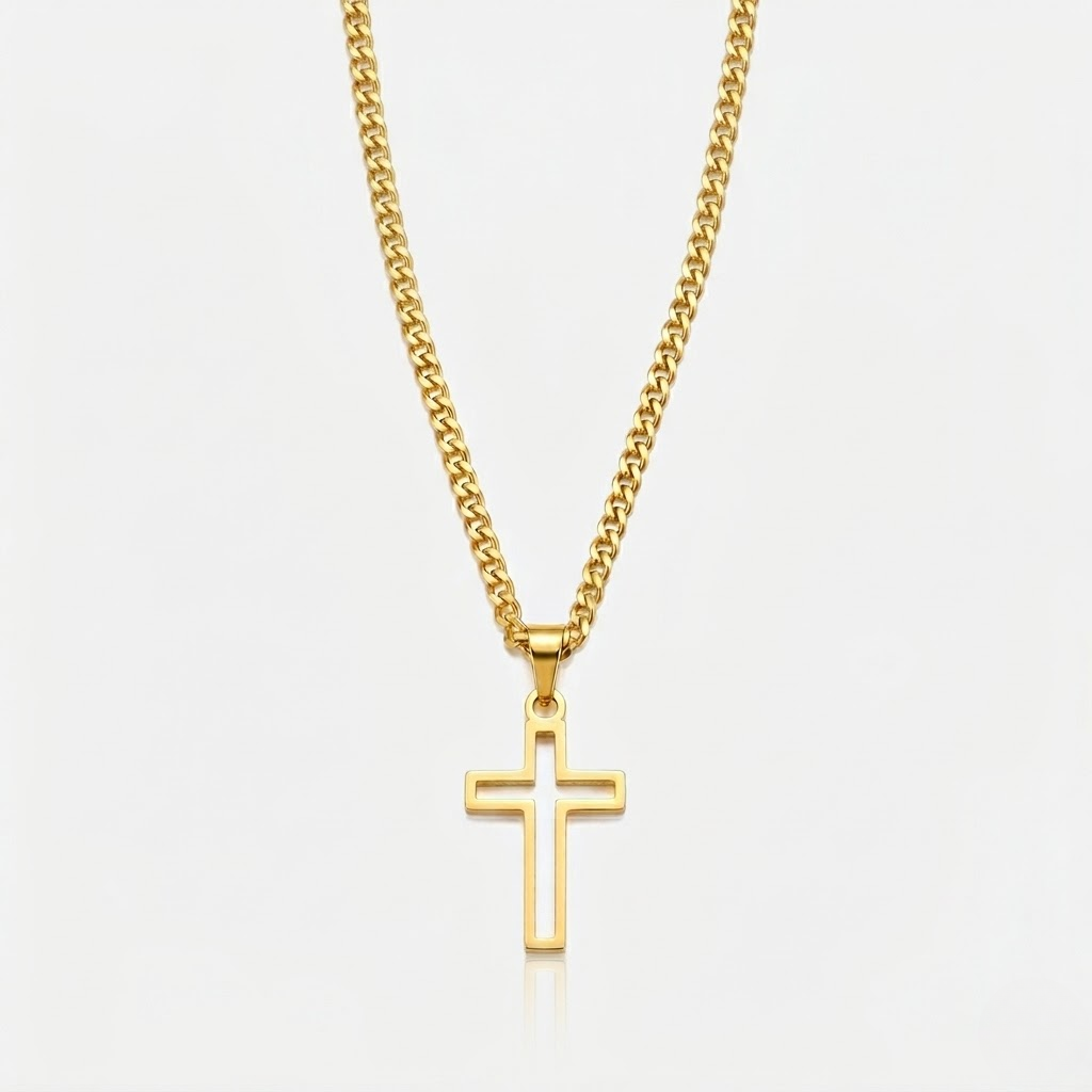 Hollow Cross Necklace with Cuban Chain | Waterproof Stainless Steel Cross Pendant