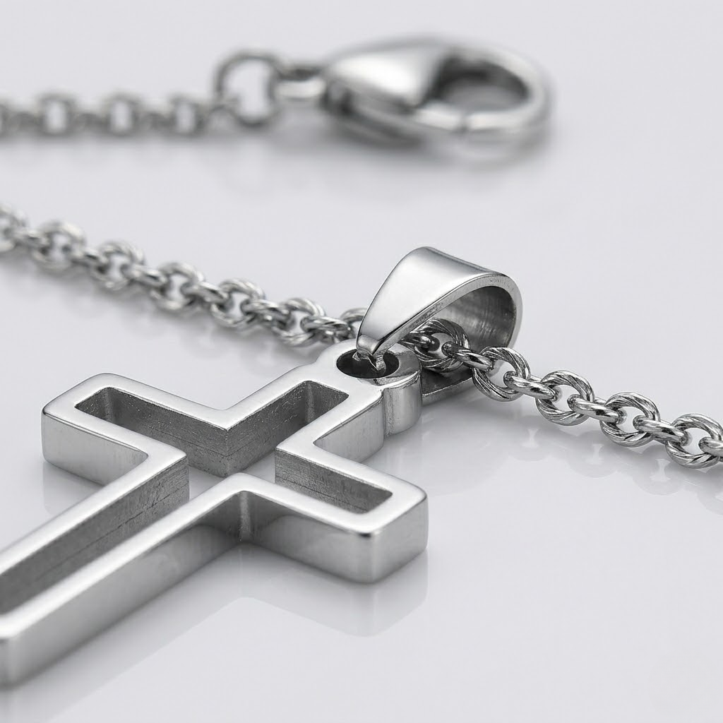 Hollow Cross Necklace with O Chain | Waterproof Stainless Steel Cross Pendant