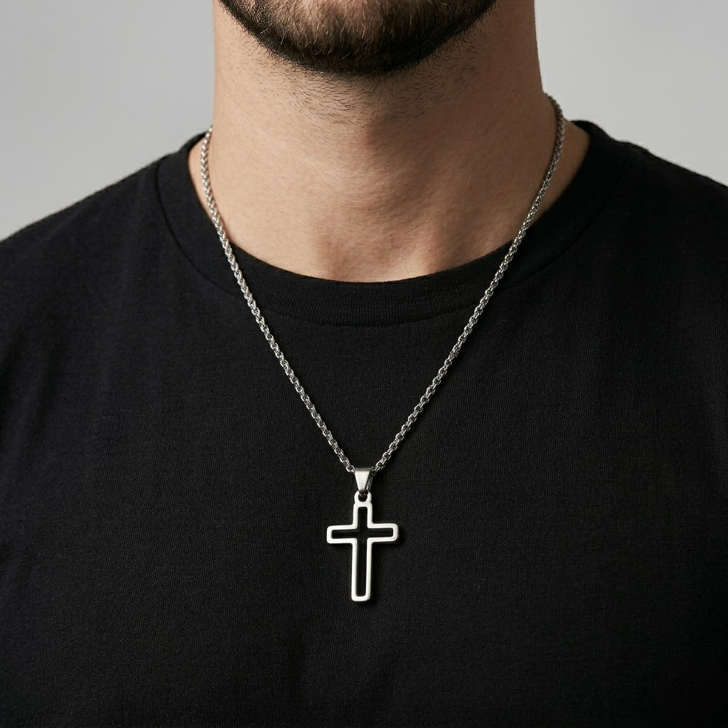 Hollow Cross Necklace with O Chain | Waterproof Stainless Steel Cross Pendant