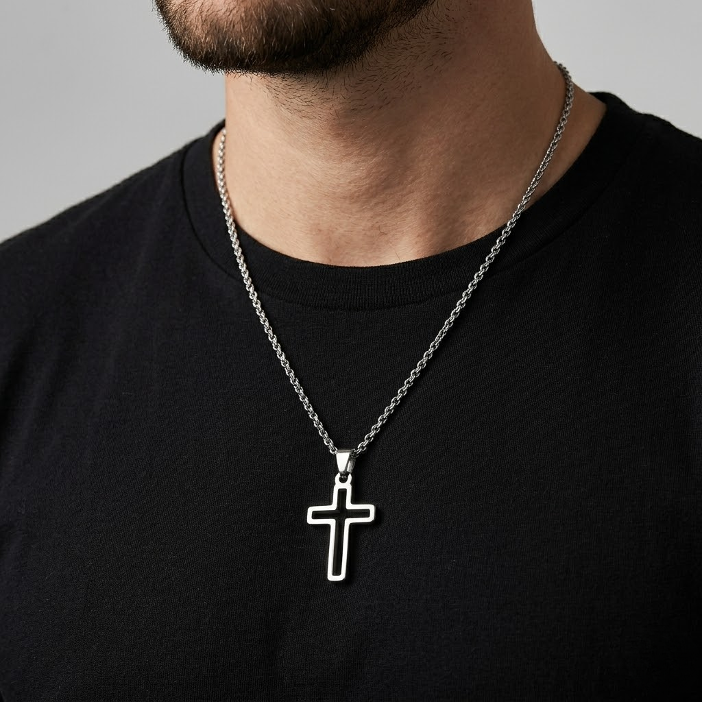 Hollow Cross Necklace with O Chain | Waterproof Stainless Steel Cross Pendant