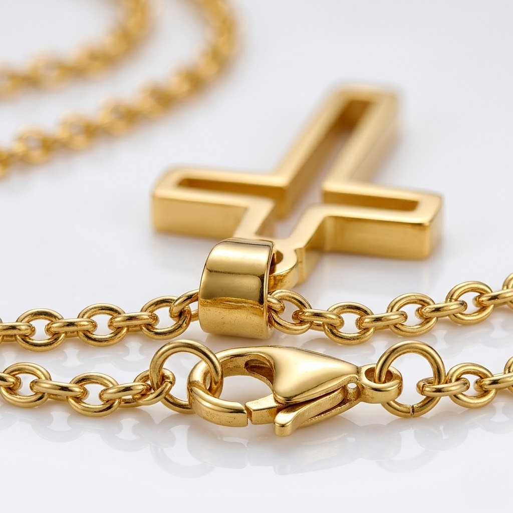 Hollow Cross Necklace with O Chain | Waterproof Stainless Steel Cross Pendant