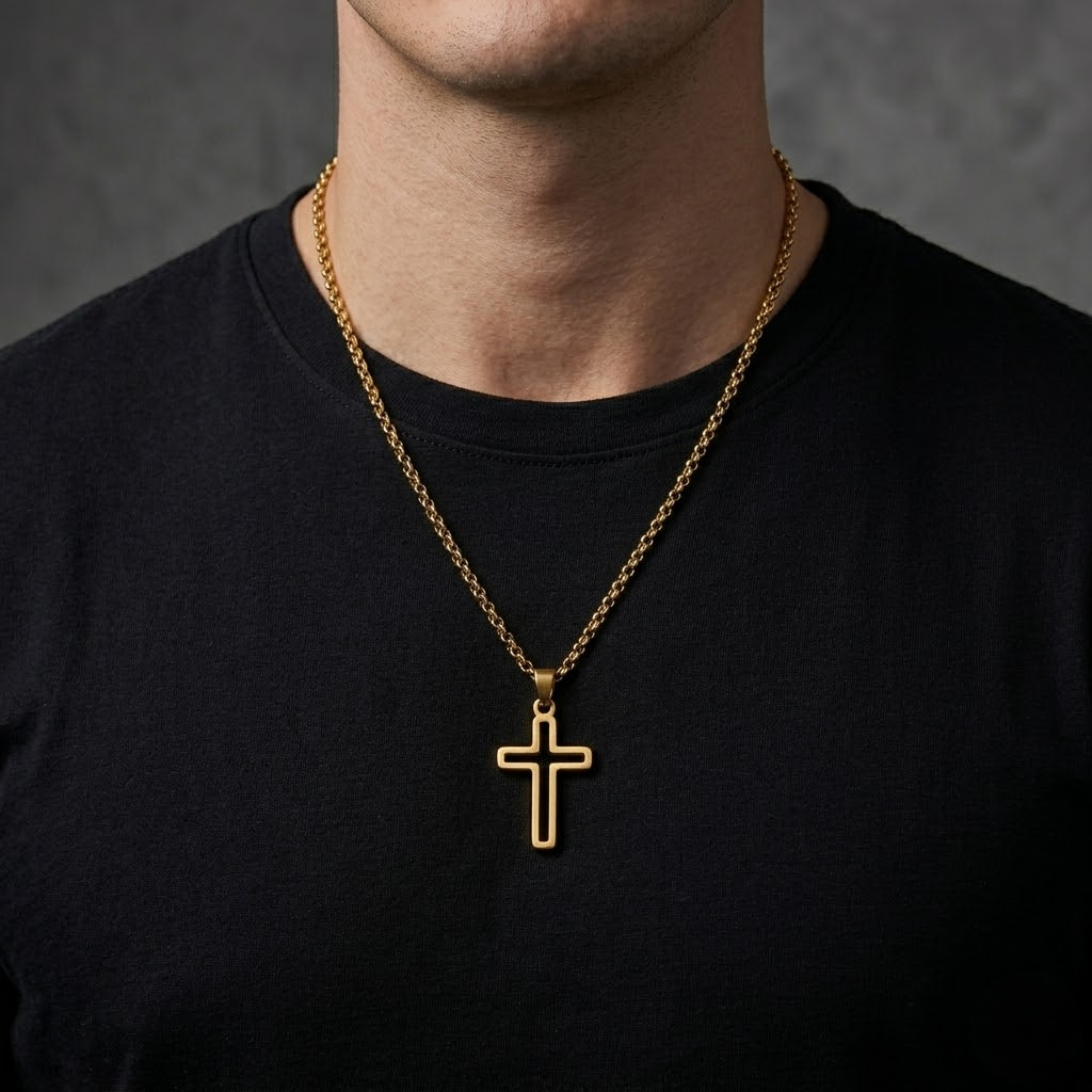 Hollow Cross Necklace with O Chain | Waterproof Stainless Steel Cross Pendant