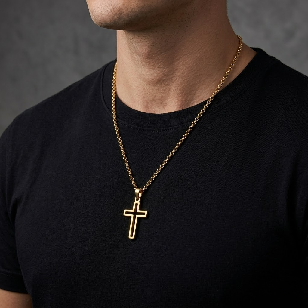 Hollow Cross Necklace with O Chain | Waterproof Stainless Steel Cross Pendant