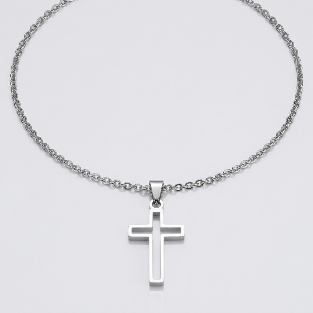 Hollow Cross Necklace with O Chain | Waterproof Stainless Steel Cross Pendant