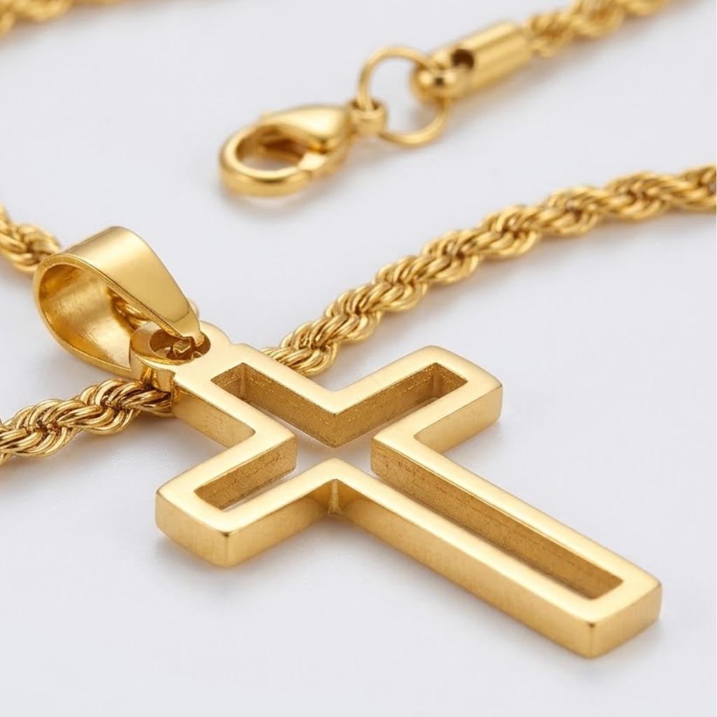 Hollow Cross Necklace with Rope Chain | Waterproof Stainless Steel Cross Pendant