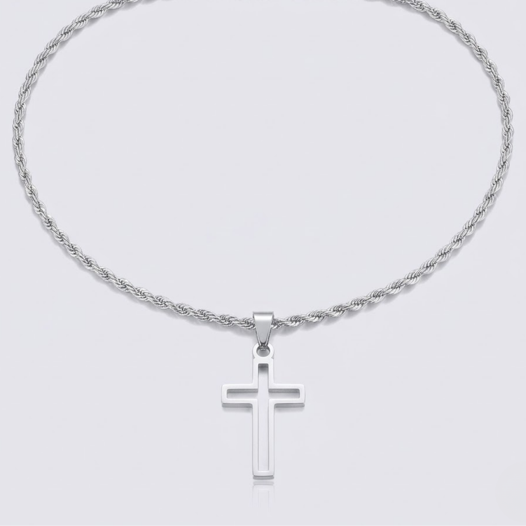 Hollow Cross Necklace with Rope Chain | Waterproof Stainless Steel Cross Pendant