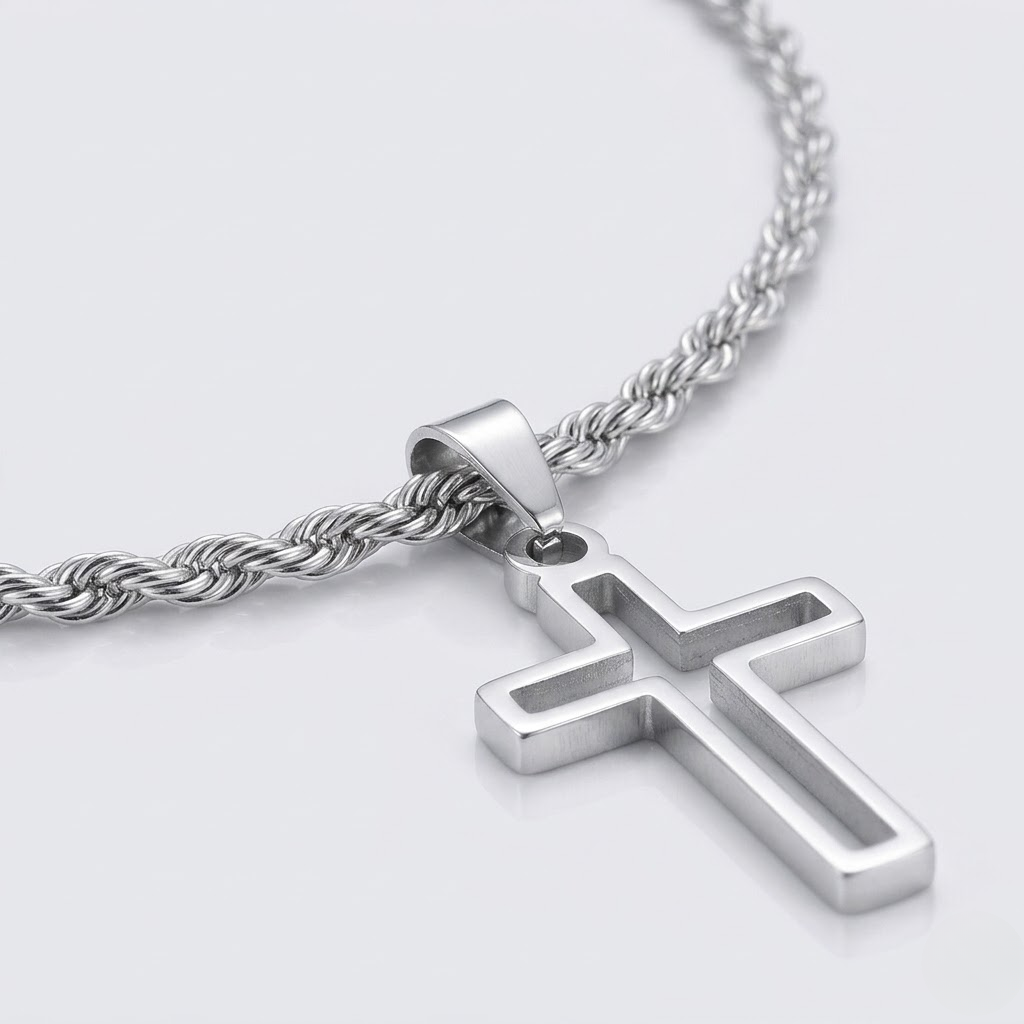 Hollow Cross Necklace with Rope Chain | Waterproof Stainless Steel Cross Pendant