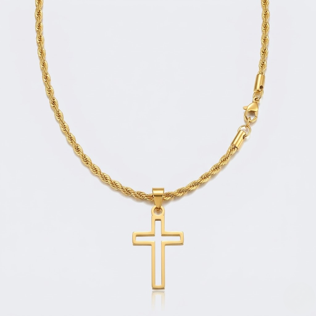 Hollow Cross Necklace with Rope Chain | Waterproof Stainless Steel Cross Pendant