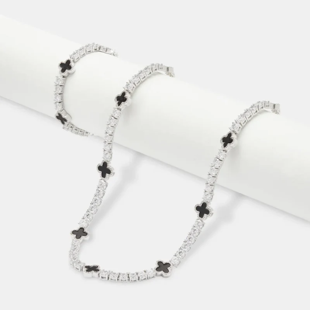 Iced Clover Chain Bracelet Set Silver Black