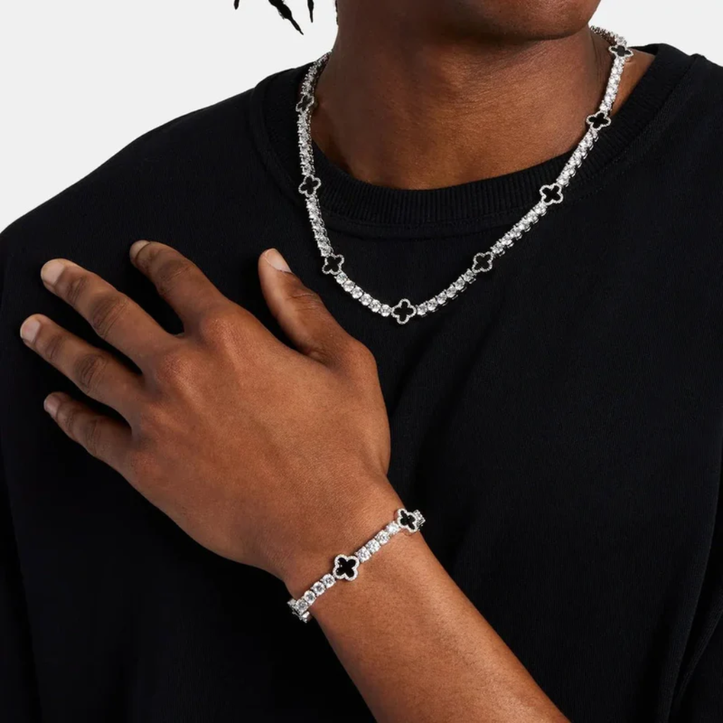 Iced Clover Chain Bracelet Set Silver Black