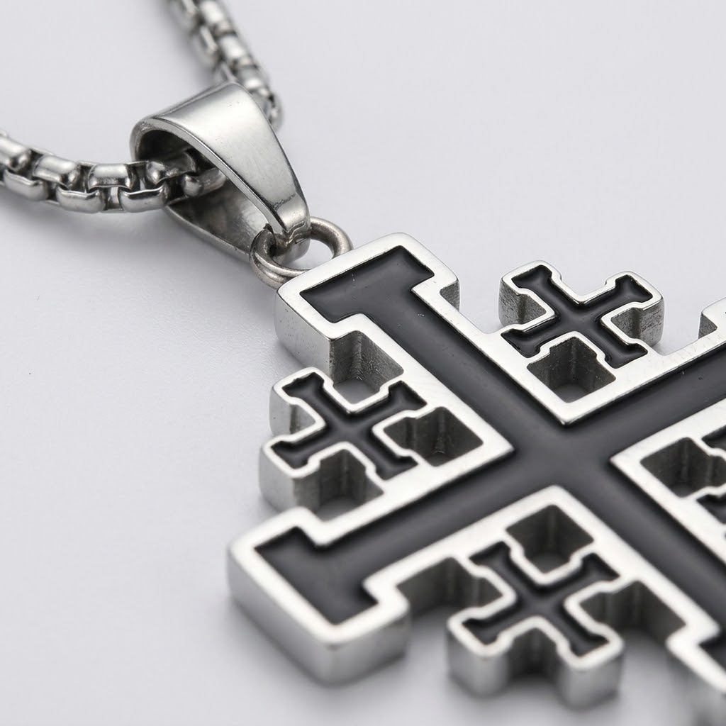 Jerusalem Crusader Cross Pendant Necklace | Christian Faith Stainless Steel Box Chain Men-Tithesource-