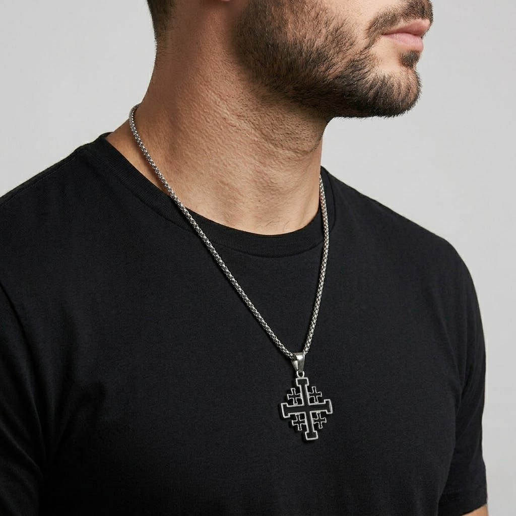 Jerusalem Crusader Cross Pendant Necklace | Christian Faith Stainless Steel Box Chain Men-Tithesource-