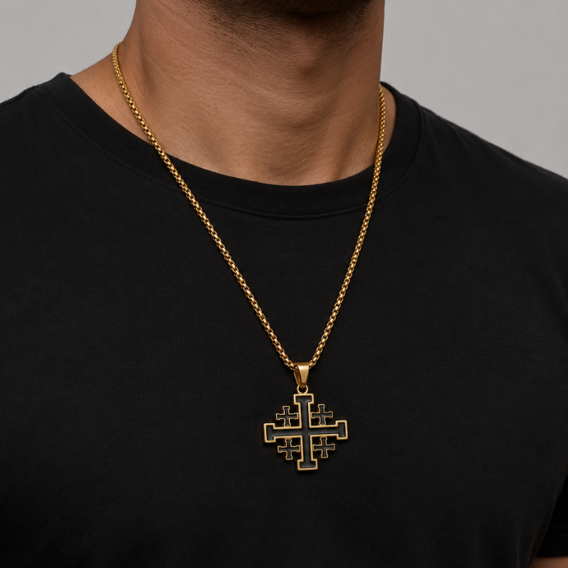 Jerusalem Crusader Cross Pendant Necklace | Christian Faith Stainless Steel Box Chain Men-Tithesource-