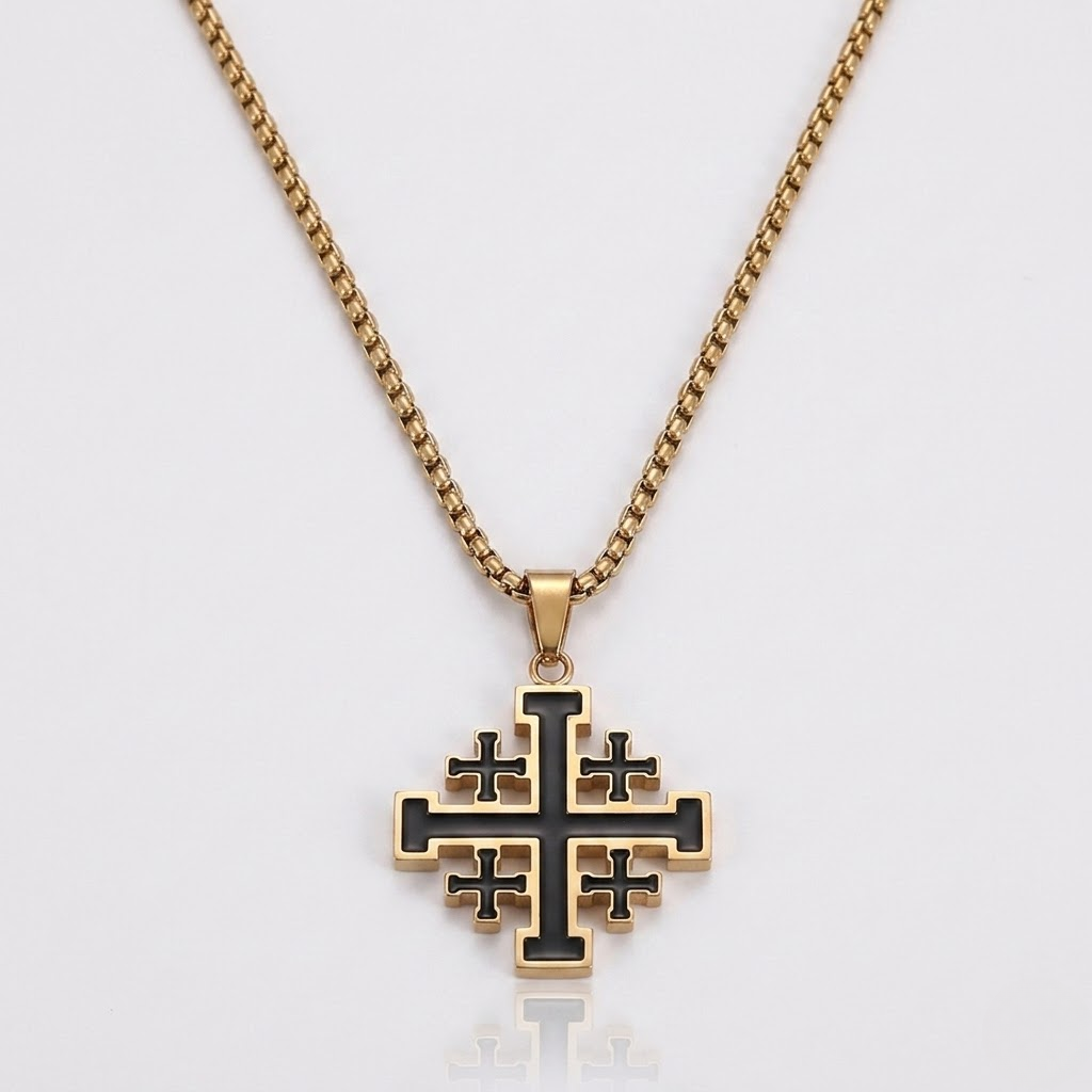 Jerusalem Crusader Cross Pendant Necklace | Christian Faith Stainless Steel Box Chain Men-Tithesource-Gold-