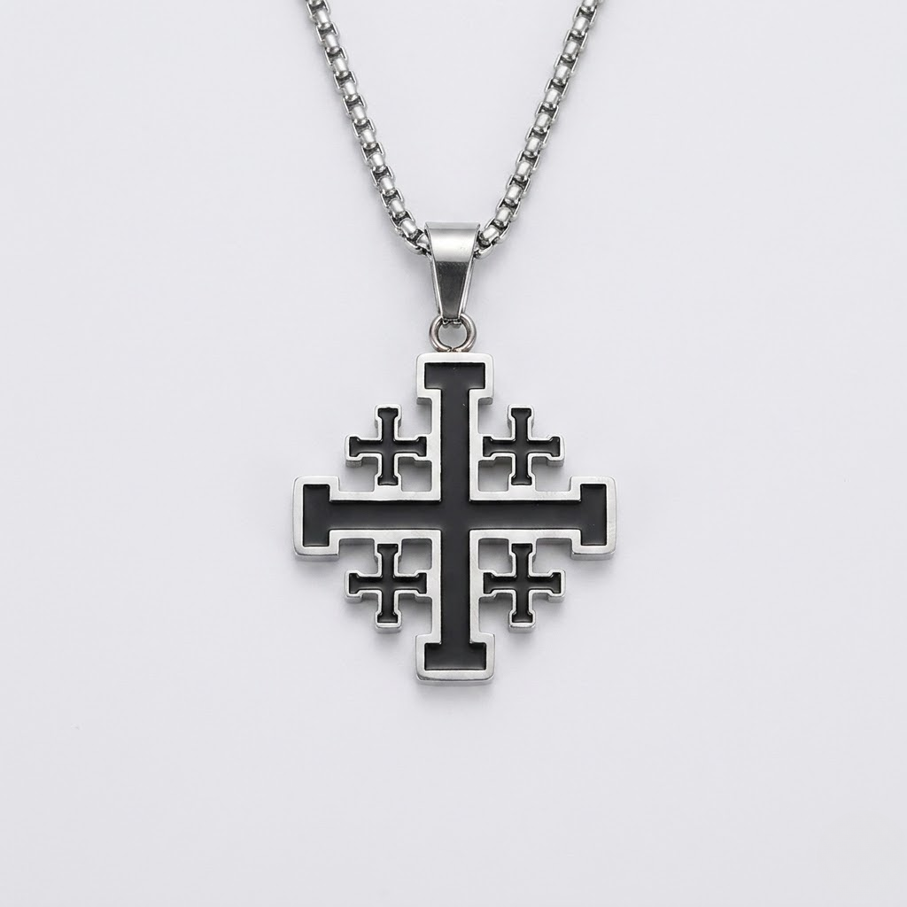 Jerusalem Crusader Cross Pendant Necklace | Christian Faith Stainless Steel Box Chain Men-Tithesource-Silver-