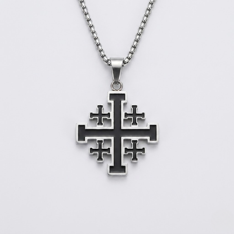 Jerusalem Crusader Cross Pendant Necklace | Christian Faith Stainless Steel Box Chain Men-Tithesource-Silver-