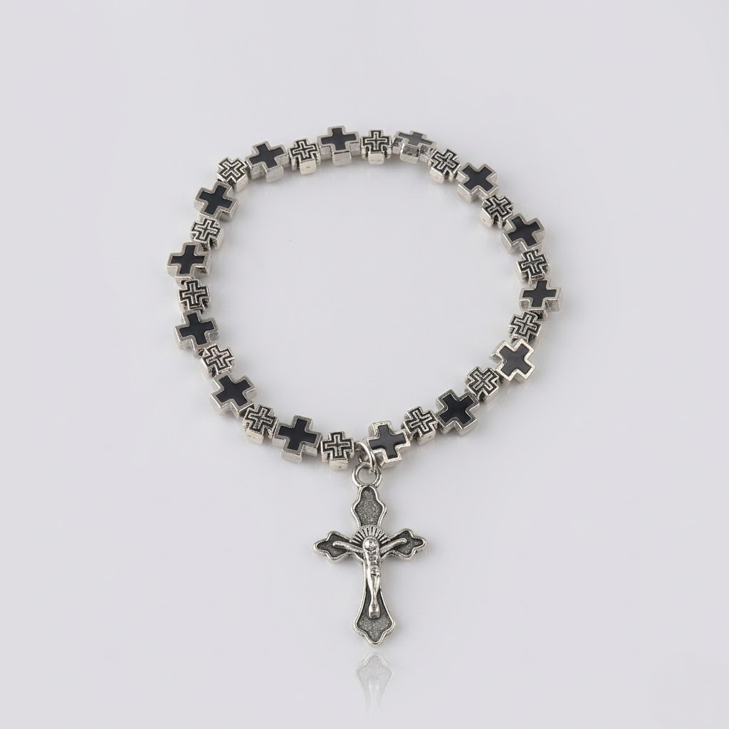 Jesus Cross Rosary Bracelet | Steel beaded-Tithesource-Black-