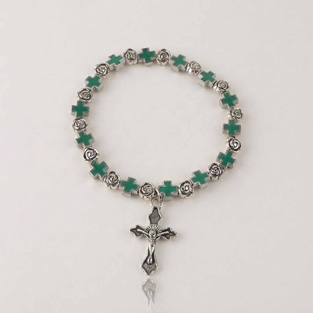 Jesus Cross Rosary Bracelet | Steel beaded-Tithesource-Green-