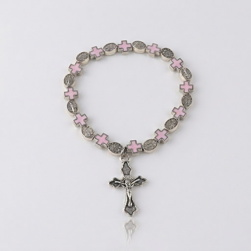 Jesus Cross Rosary Bracelet | Steel beaded-Tithesource-Pink-