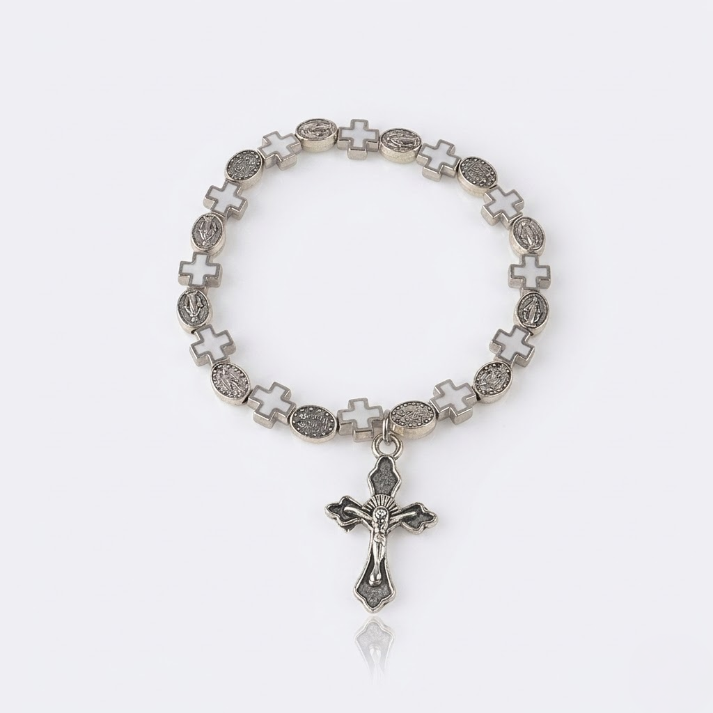 Jesus Cross Rosary Bracelet | Steel beaded-Tithesource-White-