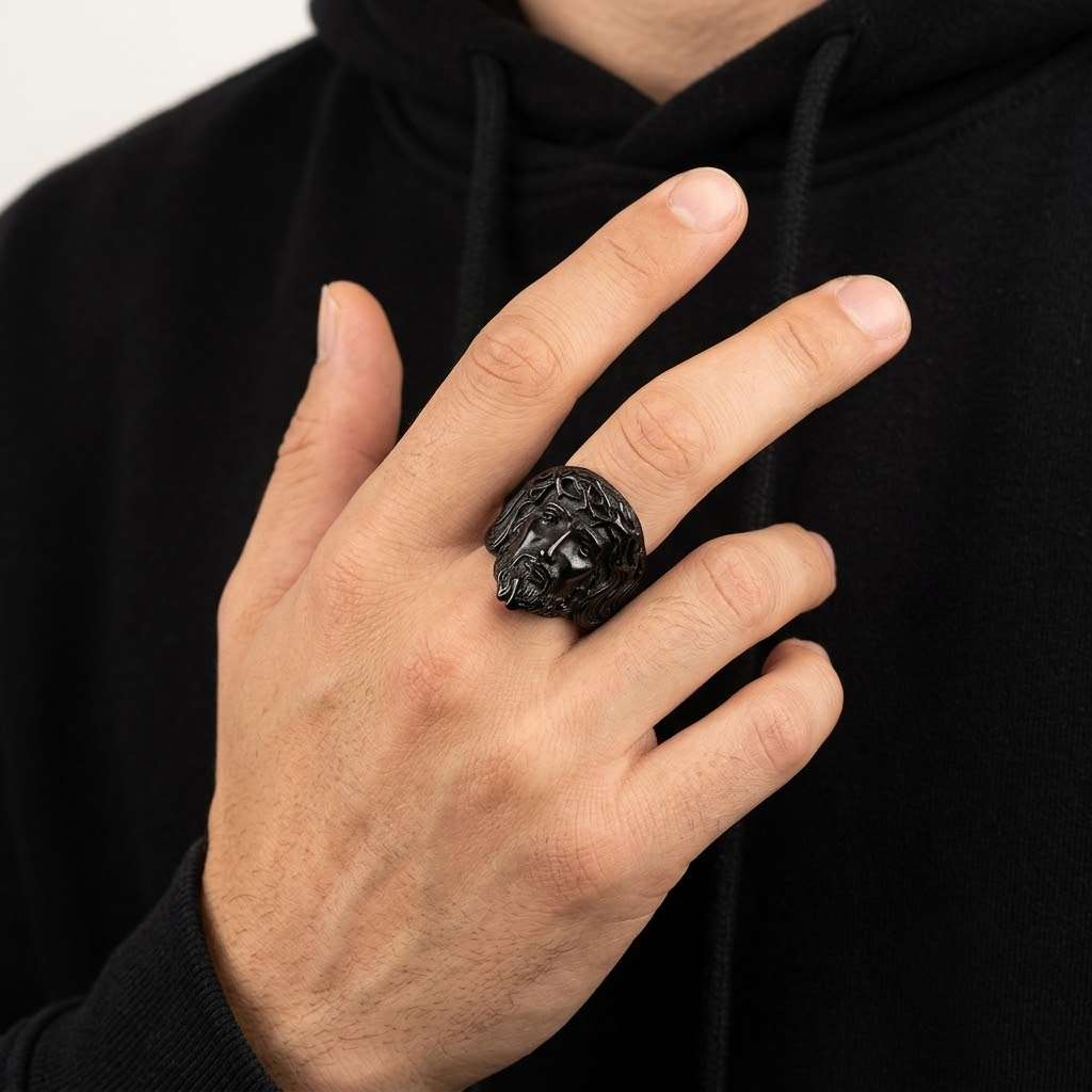 Jesus Ring Christian Face Crown of Thorns Stainless Steel Statement Ring Men-Tithesource-