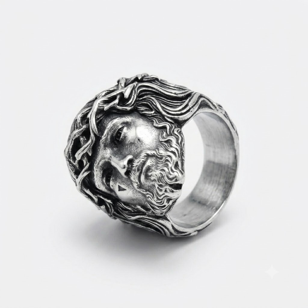 Jesus Ring Christian Face Crown of Thorns Stainless Steel Statement Ring Men-Tithesource-