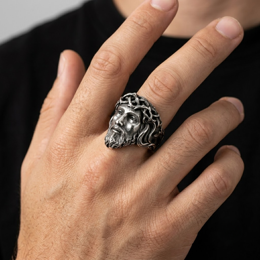 Jesus Ring Christian Face Crown of Thorns Stainless Steel Statement Ring Men-Tithesource-