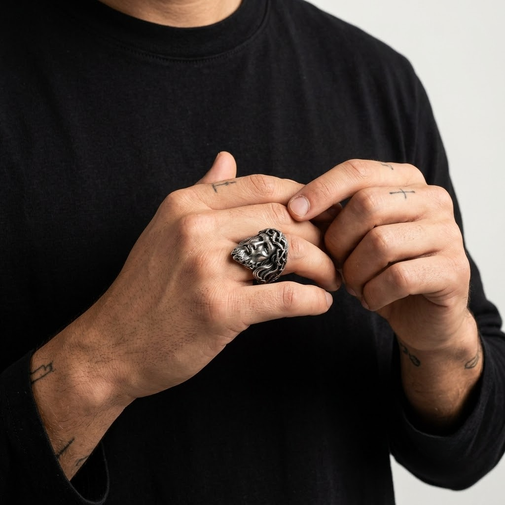 Jesus Ring Christian Face Crown of Thorns Stainless Steel Statement Ring Men-Tithesource-